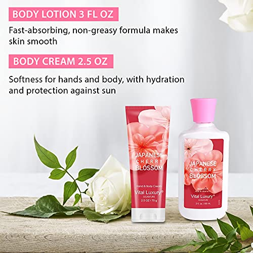 Vital Luxury Bath & Body Kit, 3 Fl Oz, Ideal Skincare Gift Home Spa Set, Includes Body Lotion, Shower Gel, Body Cream, and Fragrance Mist,Valentines Day Gifts for Her and Him (Japanese Cherry Blossoms)