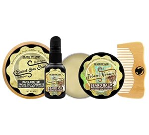 tobacco havana – beard oil, balm, bar soap, wood comb and travel case – natural, organic and handcrafted in usa by beard of god