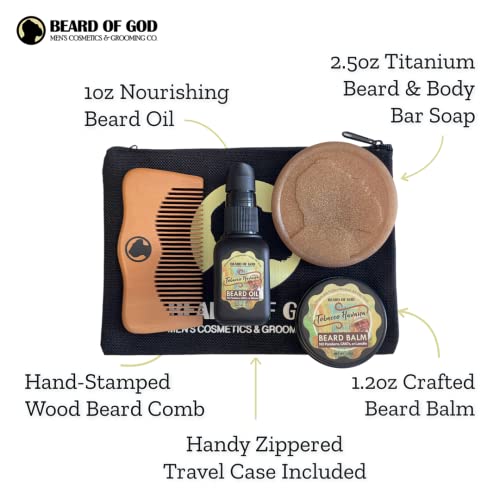 Tobacco Havana - Beard Oil, Balm, Bar Soap, Wood Comb and Travel Case - Natural, Organic and Handcrafted in USA by Beard of God