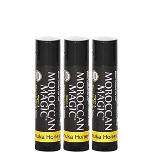 moroccan magic organic manuka honey lip balm 3 pack | made with natural cold pressed argan and essential oils lip balm | smooth application | non-toxic, cruelty free