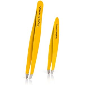 Tweezers Set - Professional Stainless Steel Yellow - Includes CASE and Ebook - Best Surgical Grade for Eyebrow pluckers, Ingrown Hair, Nose Hair and Splinters