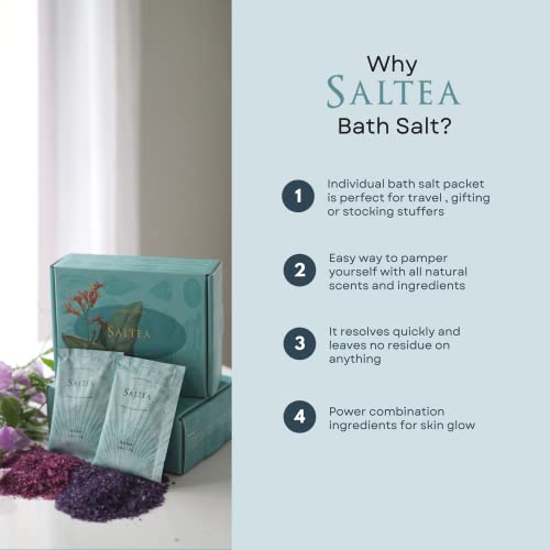 Saltea Luxury Spa Bath Salts for Soaking, Bubble Bath Soak Gift Box, Magnesium, Self Care for Women Relaxing, Moisturize Skin, Jojoba Argan Oil, Spa Set, Box of 10 Packets (Vetiver)