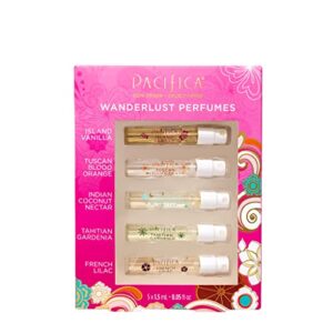 pacifica beauty, wanderlust spray perfume trial set, featuring island vanilla mini, 5 scents, fragrance sampler gift set, natural + essential oils, clean, vegan + cruelty free