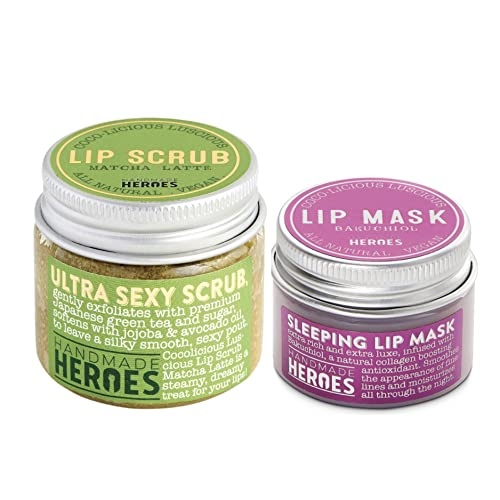 Save 20% - Handmade Heroes Plumping Bakuchiol Lip Mask and Green Tea Lip Scrub Bundle - Clean Sustainable Skincare Lip Exfoliator and Lip Treatment - Matcha Latte & Bakuchiol