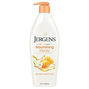 jergens nourishing honey dry skin moisturizer, with illuminating hydralucence blend, skin nourishing formula, dermatologist tested,16.8 fl oz (pack of 4) (packaging may vary)