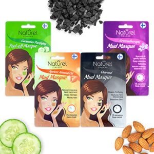 naturel finland facial mud mask set of 4 – exfoliating, deep cleansing, clarifying, pore minimizer, hydrating, aromatherapy, cucumber, dead sea, charcoal face peel