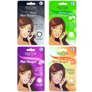 Naturel Finland Facial Mud Mask Set of 4 - Exfoliating, Deep Cleansing, Clarifying, Pore Minimizer, Hydrating, Aromatherapy, Cucumber, Dead Sea, Charcoal Face Peel