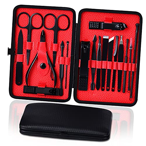 Professional Manicure Set 18 Pieces Nail Clippers Cutter Nail File Scissors Pedicure Kit Stainless Steel Grooming Kit Nail Care Tools with Portable Leather Travel Case for Men and Women (Black Red)