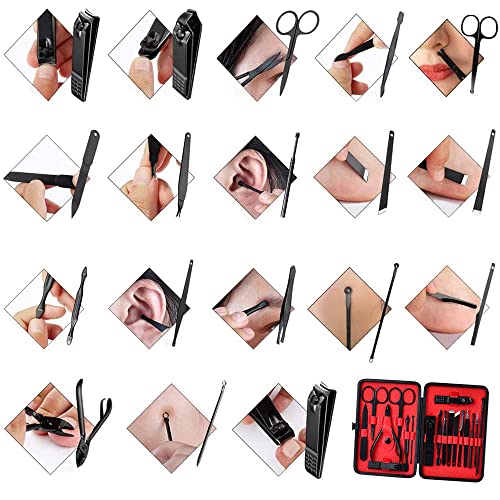 Professional Manicure Set 18 Pieces Nail Clippers Cutter Nail File Scissors Pedicure Kit Stainless Steel Grooming Kit Nail Care Tools with Portable Leather Travel Case for Men and Women (Black Red)