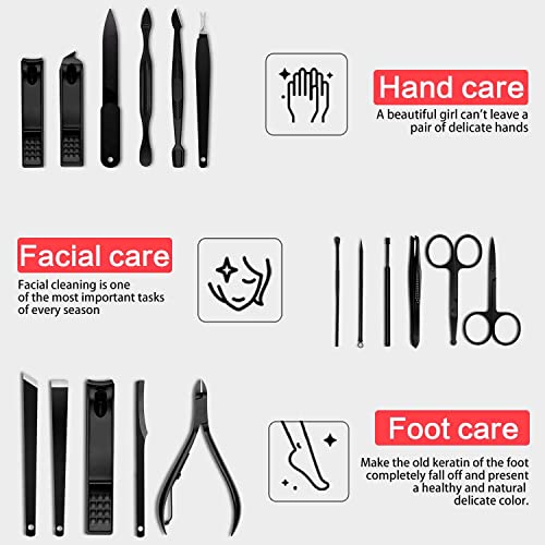 Professional Manicure Set 18 Pieces Nail Clippers Cutter Nail File Scissors Pedicure Kit Stainless Steel Grooming Kit Nail Care Tools with Portable Leather Travel Case for Men and Women (Black Red)