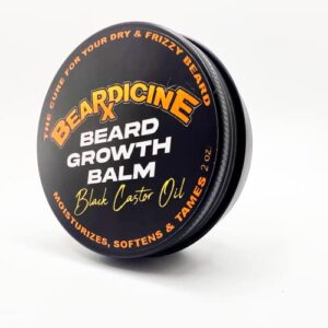 beardicine soft beard growth balm, deep conditioning with black castor oil, kumquat and shea butter