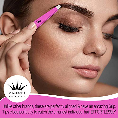 Slant Tweezers for Women and Men – Splinter, Ticks, Facial, Chin Hair, Brow and Ingrown Hair Removal Set – Sharp, Needle Nose, Stainless Steel, Surgical Precision Pluckers Majestic Bombay