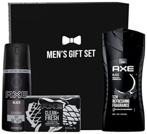 axe valentine’s day gift set for men, includes axe black night cool mint body wash, axe black fresh body spray, axe fresh and clean face and body soap bar, mesh shower mitt, 4 piece set in gift box