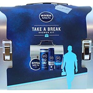 Nivea Men Valentine's Day Gift Set, Take a Break Shower Kit, Includes 4 Nivea Grooming Essentials in a Decorative Tin Case, Nivea Body Wash, Shaving Foam, Face Wash, Creme, Self-Care Giftpack For Men