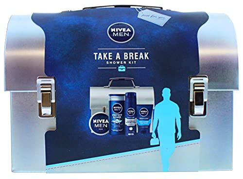 Nivea Men Valentine's Day Gift Set, Take a Break Shower Kit, Includes 4 Nivea Grooming Essentials in a Decorative Tin Case, Nivea Body Wash, Shaving Foam, Face Wash, Creme, Self-Care Giftpack For Men