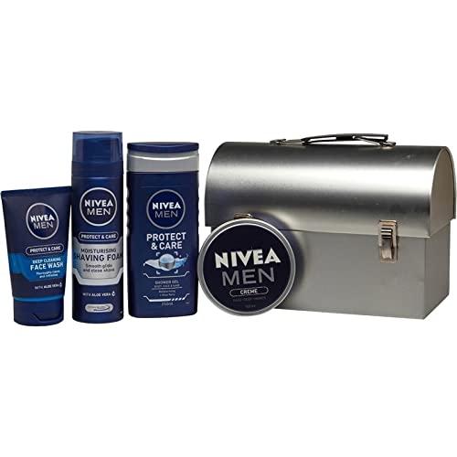 Nivea Men Valentine's Day Gift Set, Take a Break Shower Kit, Includes 4 Nivea Grooming Essentials in a Decorative Tin Case, Nivea Body Wash, Shaving Foam, Face Wash, Creme, Self-Care Giftpack For Men