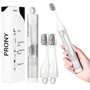 prony 5 in 1 portable travel toothbrushes with built-in refillable toothpaste tube, built-in toothbrush case, extra soft bristles and 2 additional replaceable toothbrush heads, travel size toiletries