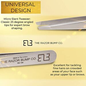 Razor Bump Co. Professional Micro Slant Tweezer, made in USA, Best Precision Tweezers for Eyebrows, Chin Hair, Ingrown Hair Removal – Surgical Grade, Rustproof, Non-Irritating Stainless Steel