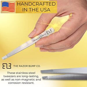 Razor Bump Co. Professional Micro Slant Tweezer, made in USA, Best Precision Tweezers for Eyebrows, Chin Hair, Ingrown Hair Removal – Surgical Grade, Rustproof, Non-Irritating Stainless Steel