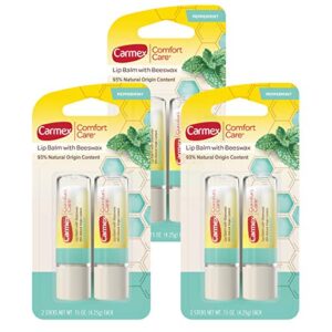 carmex comfort care lip balm stick with beeswax, peppermint lip balm – 0.15 oz each, 2 count (pack of 3)