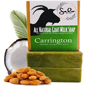 salo soap’s natural womens bar soap body wash with goat milk soap, almond, coconut oil, olive oil, shea butter, for an all natural body wash, face soap for women and womens body soap bars.