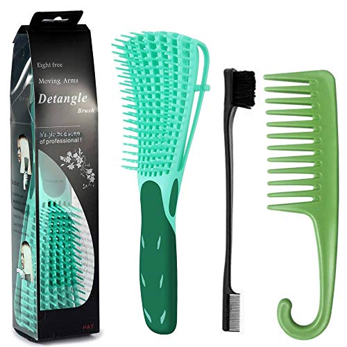 Detangling Hair Brush for Kinky Afro Textured 3a to 4c Hair, Curly Hair, Wet or Dry Detangler Brush for Think Hair + Detangling Comb & Edge Control Brush (Green)