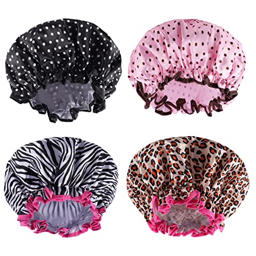 4 Pcs Reusable Shower Cap, Waterproof Shower Cap Elastic Double Layers Shower Hat Bath Caps Stocking Stuffers for Women Girls