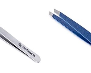 Stainless Steel Slant Precision Tweezers – Professional Tweezers for Eyebrows & Hair Removal – Stainless Steel & Blue Textured (Pack of 2)