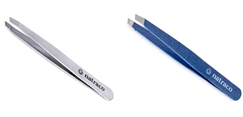 Stainless Steel Slant Precision Tweezers – Professional Tweezers for Eyebrows & Hair Removal – Stainless Steel & Blue Textured (Pack of 2)