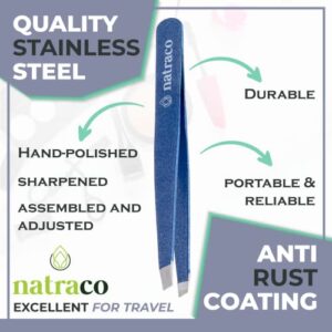 Stainless Steel Slant Precision Tweezers – Professional Tweezers for Eyebrows & Hair Removal – Stainless Steel & Blue Textured (Pack of 2)