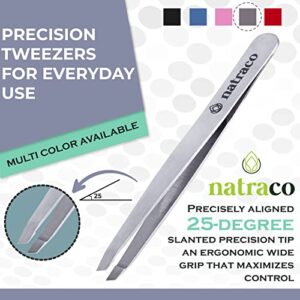 Stainless Steel Slant Precision Tweezers – Professional Tweezers for Eyebrows & Hair Removal – Stainless Steel & Blue Textured (Pack of 2)