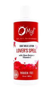 o my! goat milk lotion | made with farm-fresh goat milk | shea butter and vit e | free of parabens & more | handcrafted in usa