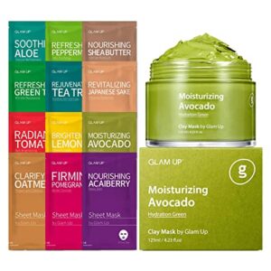 glam up – sheet mask facial sheet mask 12 combo (pack of 12) & moisturizing avocado clay mask – face masks skincare, hydrating face masks, moisturizing, brightening and soothing, beauty