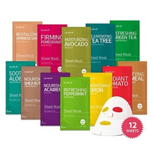 GLAM UP - Sheet mask Facial Sheet Mask 12 Combo (Pack of 12) & Moisturizing Avocado Clay Mask - Face Masks Skincare, Hydrating Face Masks, Moisturizing, Brightening and Soothing, Beauty