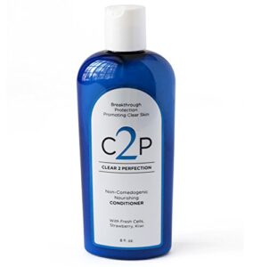 non-comedogenic hair conditioner for blemish free skin by clear 2 perfection with fresh cells strawberry and kiwi suspensions. hair conditioner for acne. made in usa