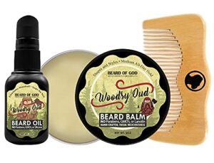 woodsy oud – 1 oz. beard oil, 2 oz. balm conditioner, wood comb & travel case – natural, organic & handcrafted in usa