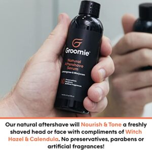 Groomie Natural Aftershave Serum for Bald Men - Mens Skin Care and After Shave for Head, Neck, Face & Chin - Soothing Balm to Tend Skin and Prevent Bumps and Razor Burn After Hair Removal - 3.3 FL OZ