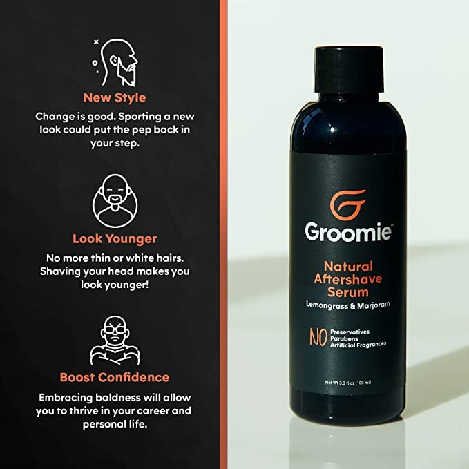 Groomie Natural Aftershave Serum for Bald Men - Mens Skin Care and After Shave for Head, Neck, Face & Chin - Soothing Balm to Tend Skin and Prevent Bumps and Razor Burn After Hair Removal - 3.3 FL OZ