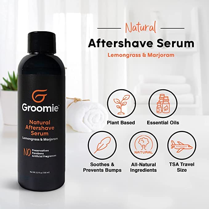 Groomie Natural Aftershave Serum for Bald Men - Mens Skin Care and After Shave for Head, Neck, Face & Chin - Soothing Balm to Tend Skin and Prevent Bumps and Razor Burn After Hair Removal - 3.3 FL OZ