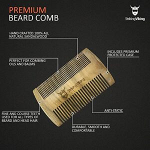 Sandalwood Beard Comb and Case - Pocket Sized Wooden Beard & Mustache Comb with Fine & Coarse Teeth - Perfect for Use with Balms and Oils - Striking Viking (Black)