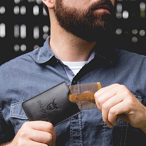 Sandalwood Beard Comb and Case - Pocket Sized Wooden Beard & Mustache Comb with Fine & Coarse Teeth - Perfect for Use with Balms and Oils - Striking Viking (Black)
