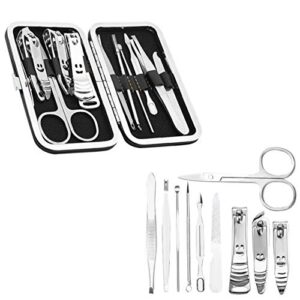 manicure set nail clippers pedicure kit, 10pcs stainless steel toenail foot clippers fingernails grooming kits includes cuticle remover with portable travel case
