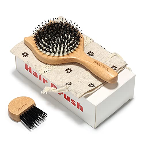 Hair Brush, BESTOOL Small Travel Hair Brushes for Women, Men or Kids, Wooden Toddler Boar Bristle Hair Brush for Detangling, Defrizz, Distribute Oil (Natural)