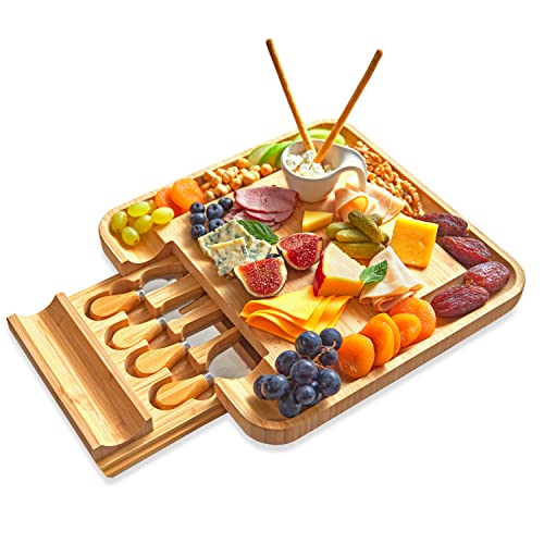 RoyalHouse Unique Bamboo Cheese Board and Knife Set with Slide-Out Cutlery Drawer - Charcuterie Boards Set & Cheese Platter - Ideal Anniversary, Wedding and Housewarming Gift