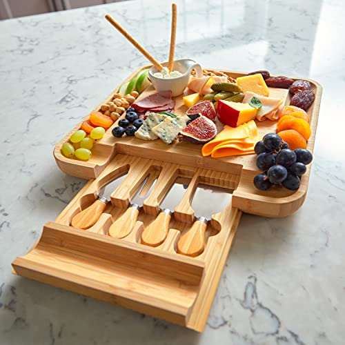 RoyalHouse Unique Bamboo Cheese Board and Knife Set with Slide-Out Cutlery Drawer - Charcuterie Boards Set & Cheese Platter - Ideal Anniversary, Wedding and Housewarming Gift