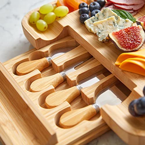 RoyalHouse Unique Bamboo Cheese Board and Knife Set with Slide-Out Cutlery Drawer - Charcuterie Boards Set & Cheese Platter - Ideal Anniversary, Wedding and Housewarming Gift