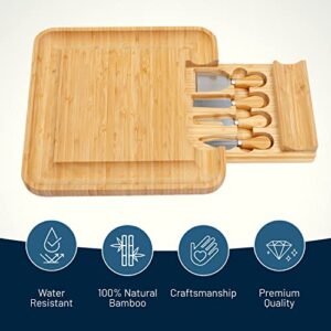 RoyalHouse Unique Bamboo Cheese Board and Knife Set with Slide-Out Cutlery Drawer - Charcuterie Boards Set & Cheese Platter - Ideal Anniversary, Wedding and Housewarming Gift