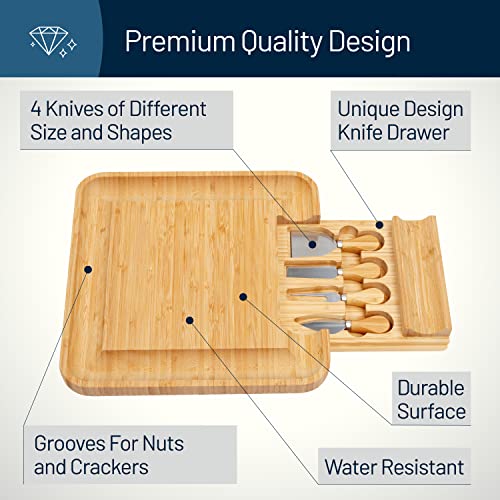 RoyalHouse Unique Bamboo Cheese Board and Knife Set with Slide-Out Cutlery Drawer - Charcuterie Boards Set & Cheese Platter - Ideal Anniversary, Wedding and Housewarming Gift