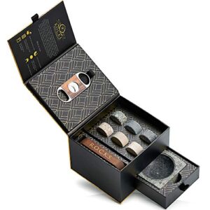 whiskey stones gift set with cigar cutter & cigar ashtray – 6 handcrafted round stones, presentation & storage tray – luxurious whiskey & cigar accessories gold foil gift box by r.o.c.k.s.