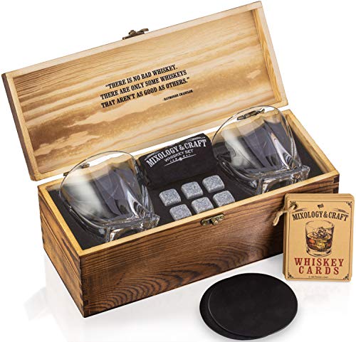 Mixology & Craft Whiskey Stones Gift Set - Pack of 6 Granite Chilling Rocks w/ 2 10 oz Old Fashioned Glasses in Wooden Box - Whiskey Gifts for Men on Birthday, Father's Day or Christmas